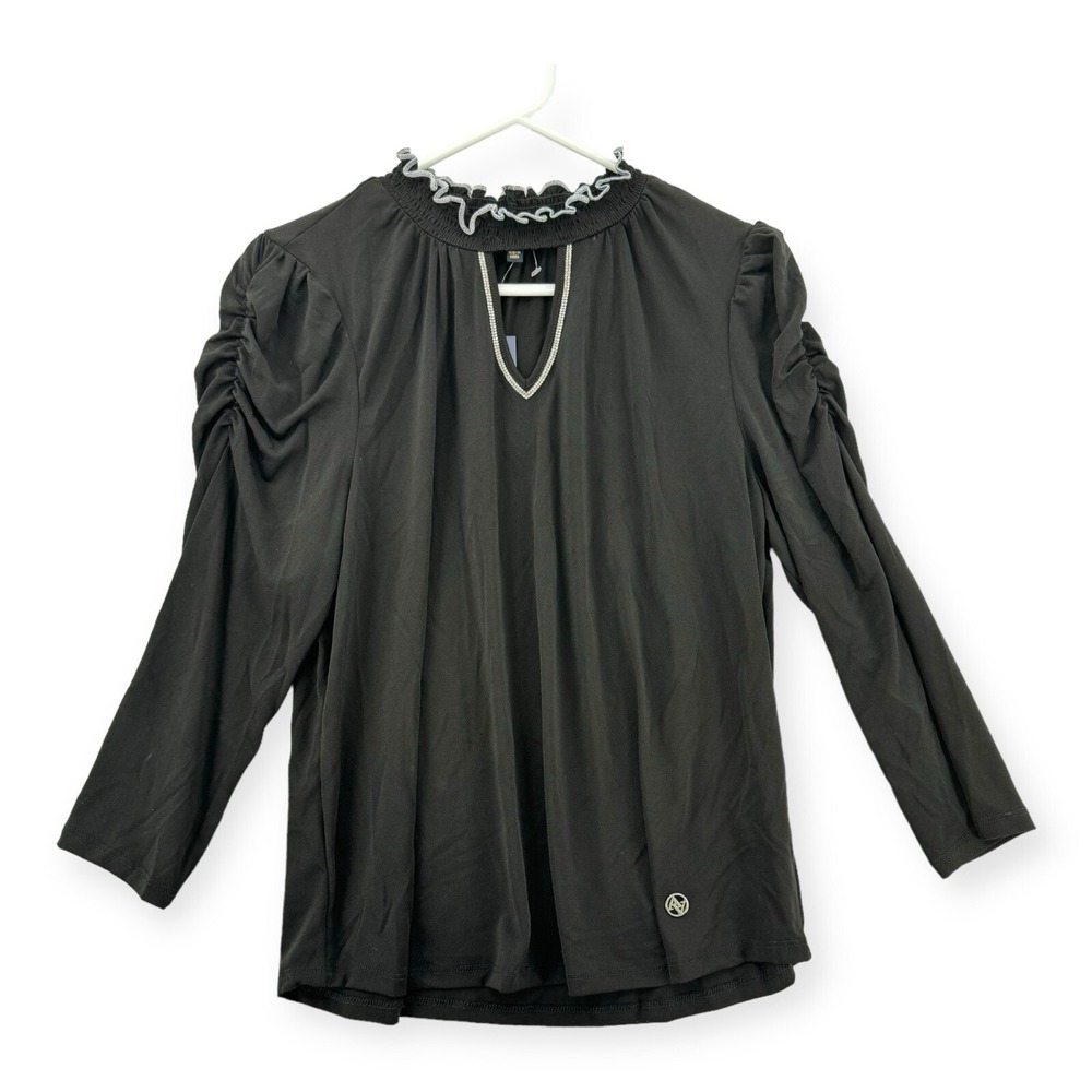 Adrienne Vittadini Womens XL Black Blouse Beaded Keyhole Mock Neck Puff Sleeve